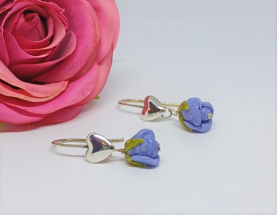 Lampwork Glass Rosebud Earrings with Sterling Silver Heart Earwires