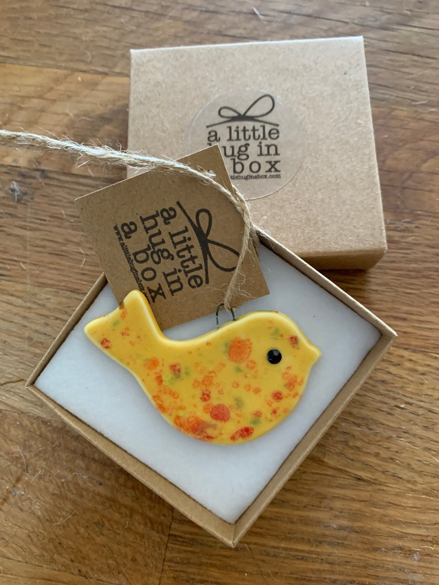  A Little Hug in a Box Hand Made Yellow Speckled Porcelain Bird  