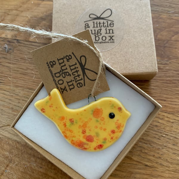  A Little Hug in a Box Hand Made Yellow Speckled Porcelain Bird  