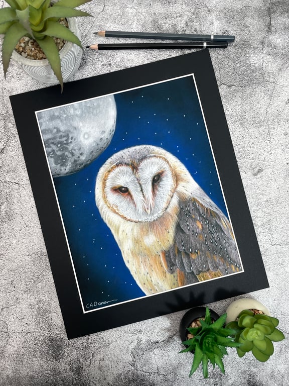 Fine Art Print of "Queen of the Night" Owl and Moon Coloured Pencil Art