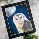Fine Art Print of "Queen of the Night" Owl and Moon Coloured Pencil Art
