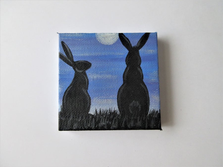 Rabbit Silhouette Original Painting Bunny Against Blue Night Sky