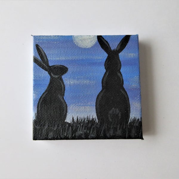 Rabbit Silhouette Original Painting Bunny Against Blue Night Sky