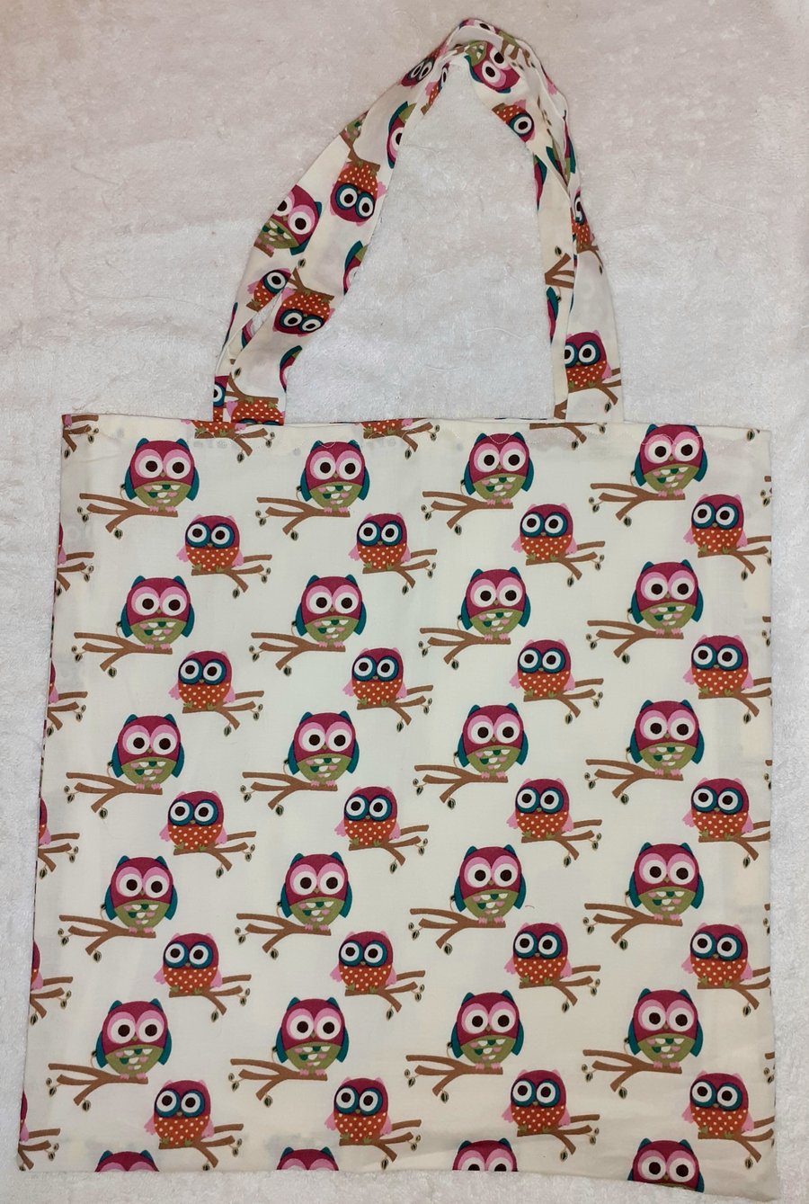 multi coloured Owls on cream  shopping bag, Tote bag
