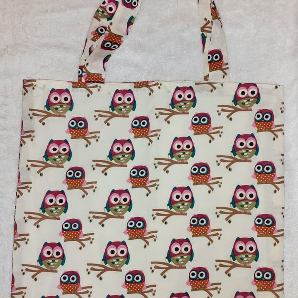 multi coloured Owls on cream  shopping bag, Tote bag