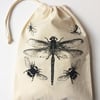 Dragonfly bumblebees flying insects hand printed cotton drawstring bag 