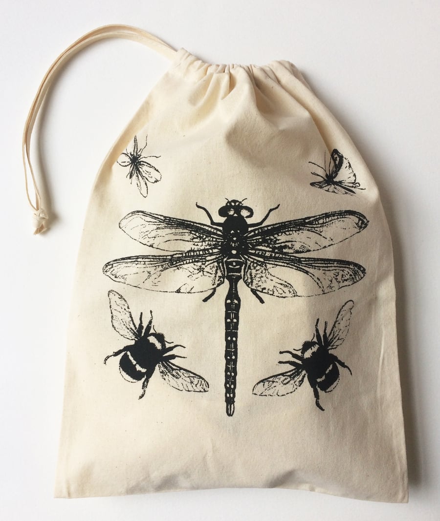 Dragonfly bumblebees flying insects hand printed cotton drawstring bag 