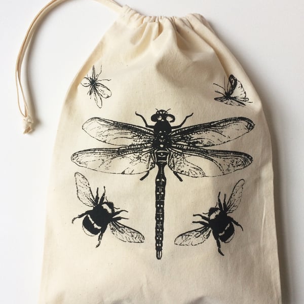 Dragonfly bumblebees flying insects hand printed cotton drawstring bag 