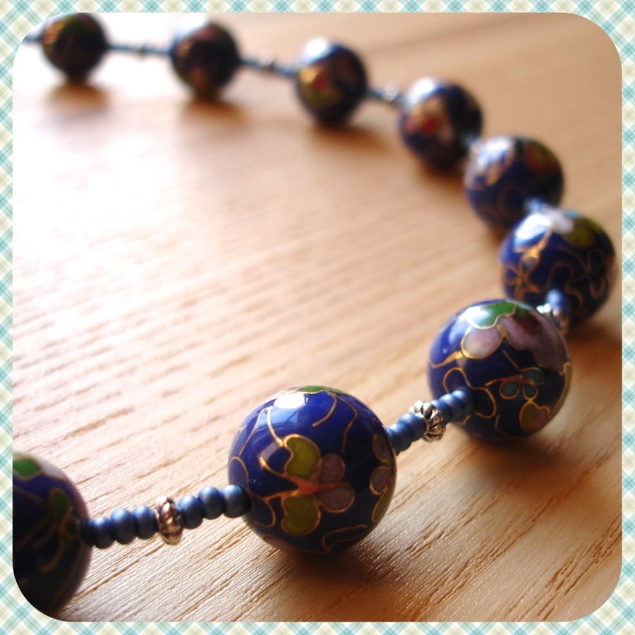Blue Cloisonne Bead Necklace