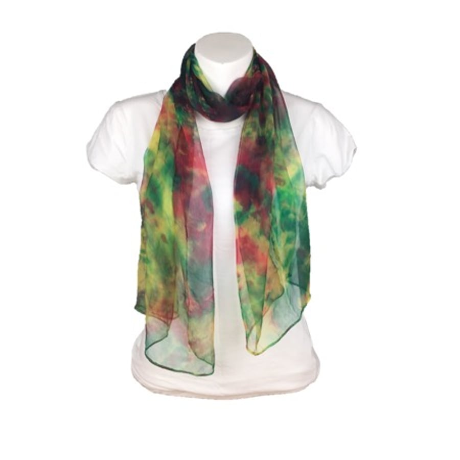 Silk chiffon scarf, hand made and hand dyed in green, red and yellow - SALE