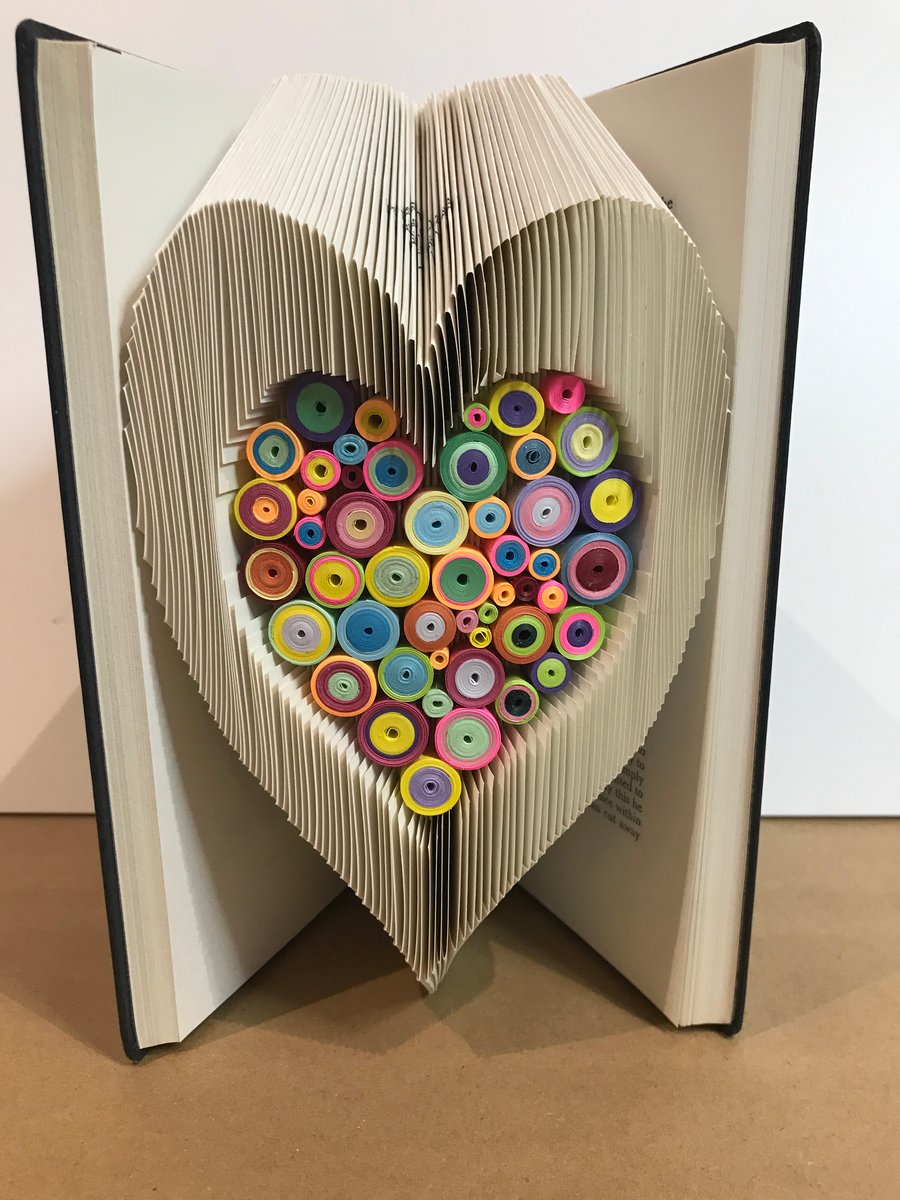 Folded Book Art Heart with Quilled Centre. Perfect 1st Wedding Anniversary Gift