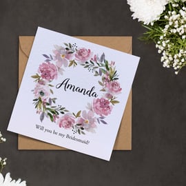 MAUVE dusty pale pink roses peonies leaves rustic wedding be my Bridesmaid card