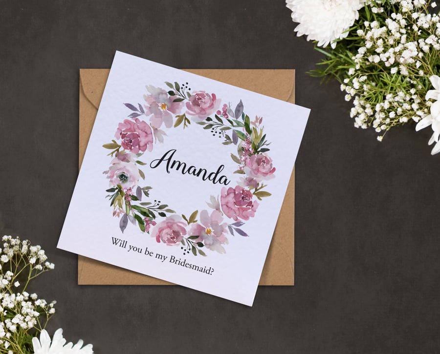 MAUVE dusty pale pink roses peonies leaves rustic wedding be my Bridesmaid card