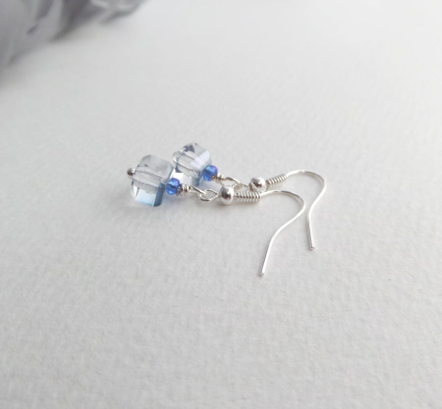 Cube Blue Silver Earrings, Short Dangle Earrings