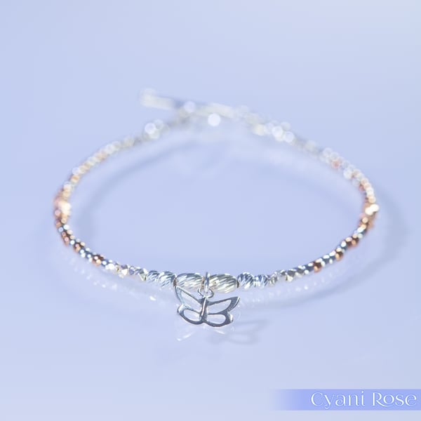 Butterfly sterling silver and rose gold unique bracelet 