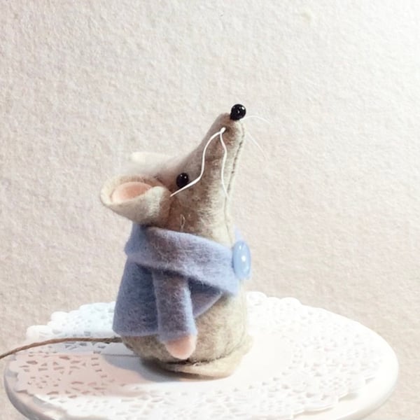 Little Grey Felt Mouse in a Blue Jacket, Handmade Home Decor, Gift