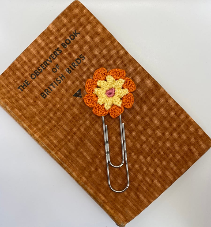 Flower paperclip bookmark in orange, yellow and pink