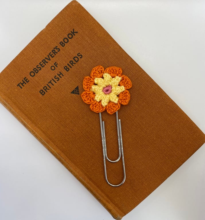 Flower paperclip bookmark in orange, yellow and pink