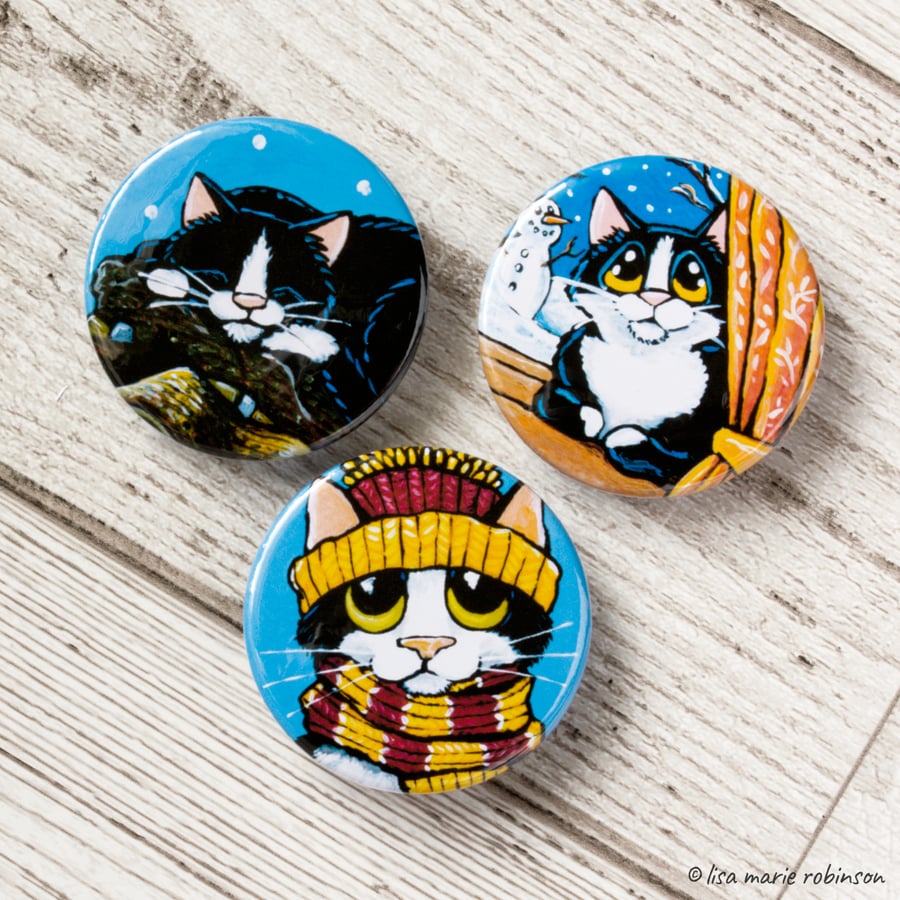 Winter Tuxedo Cats 38mm Button Badges - Triple Pack