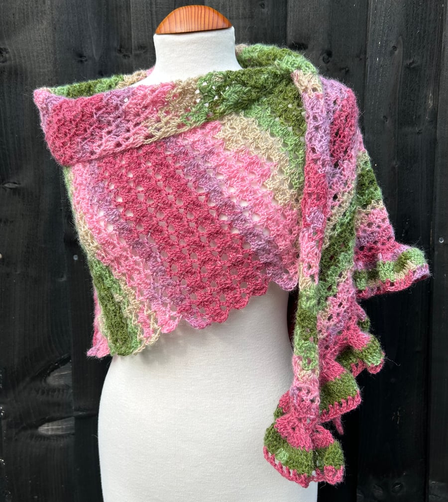 Asymmetrical Pink & Green Mohair Hand Knitted Lace Wrap Shawl Scarf 