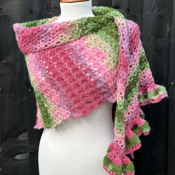 Asymmetrical Pink & Green Mohair Hand Knitted Lace Wrap Shawl Scarf 