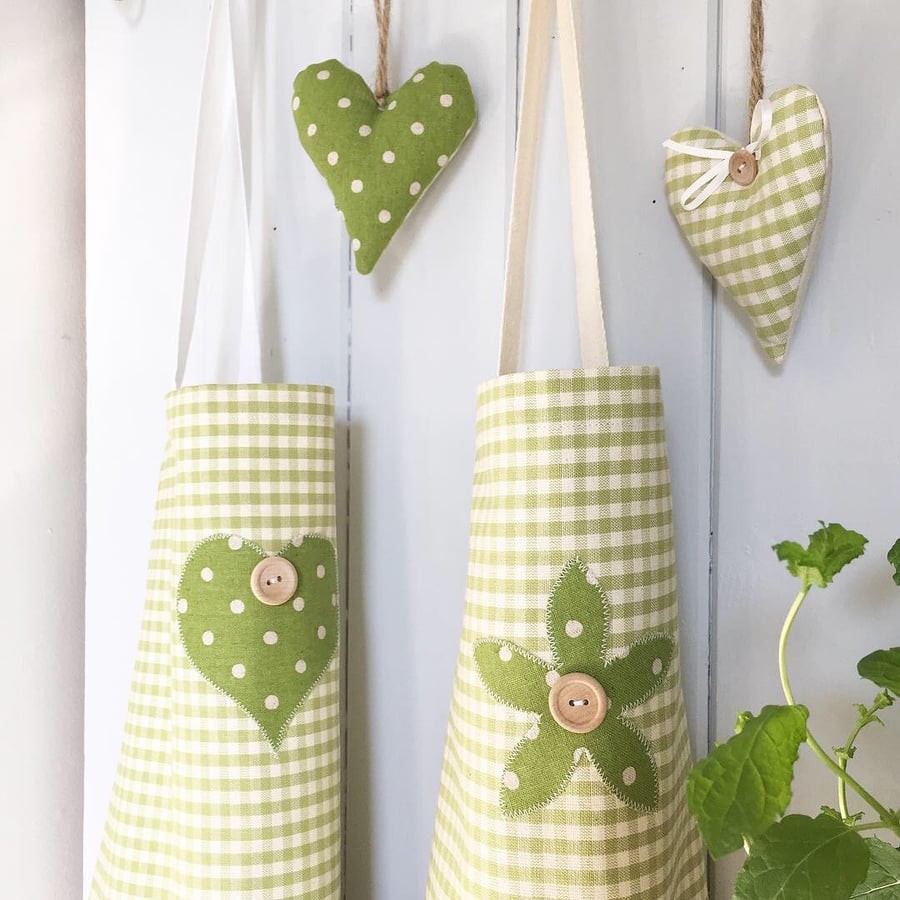 APRON - gingham cotton, fresh green or soft pink - with flower or heart