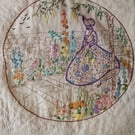 vintage hand sewn Crinoline lady with flowers cushion cover 18" x 18"