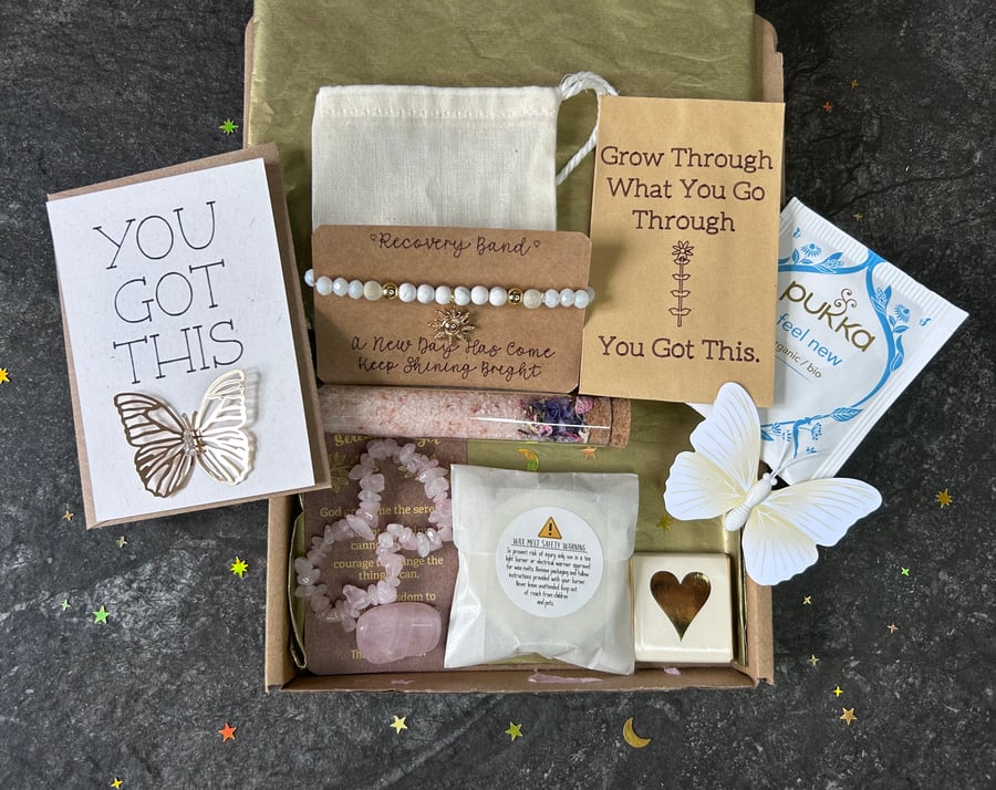 Sobriety Gift Box- has recovery band, prayer stone and Miniature treats!