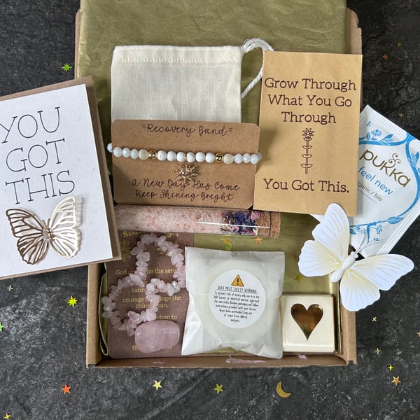 Sobriety Gift Box- has recovery band, prayer stone and Miniature treats!