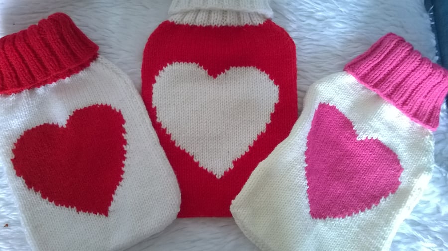 Knitted Heart Hot Water Bottle and Cover