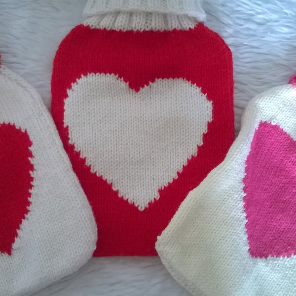 Knitted Heart Hot Water Bottle and Cover