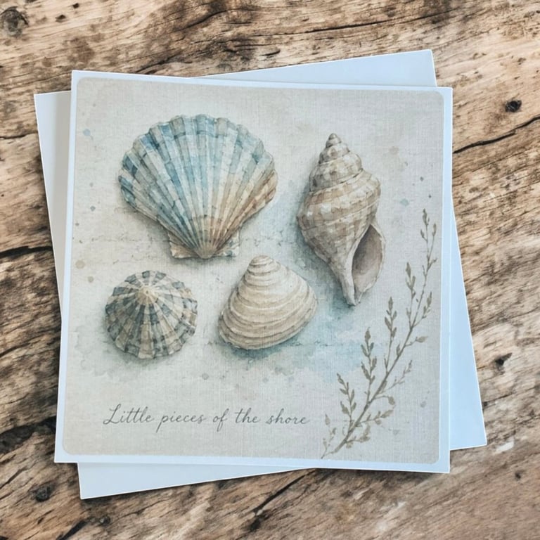 Little Pieces of the Shore – Handmade Seashell Greeting Card. Coastal Card. 