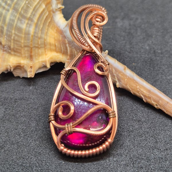 Dyed labradorite pendant hand wrapped in copper wire