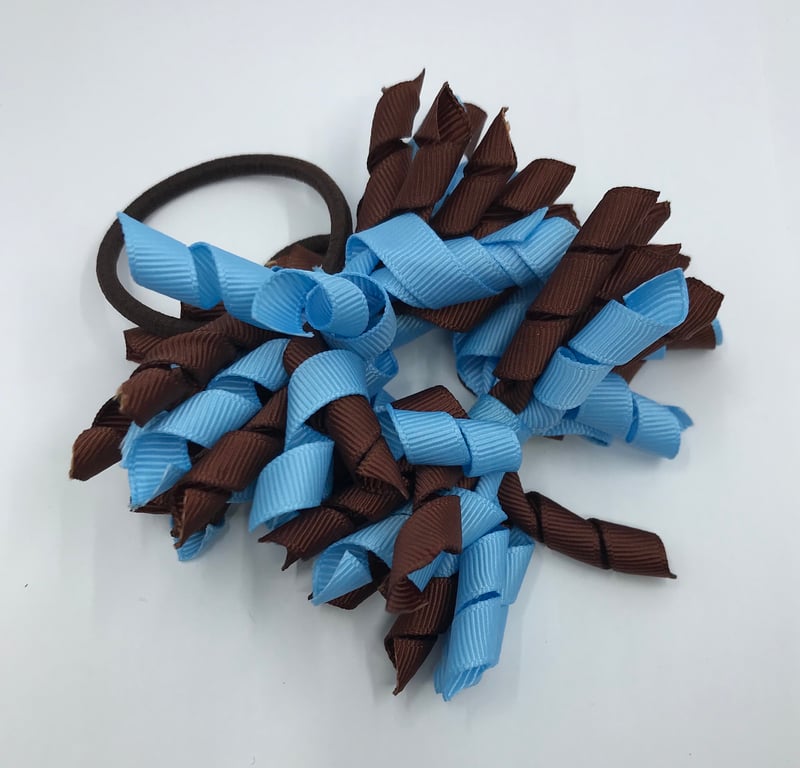 3 inch Brown and Light Blue Curly Corkers on Elastics (pair)