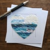 Embroidered up-cycled seascape fabric heart Art Card.