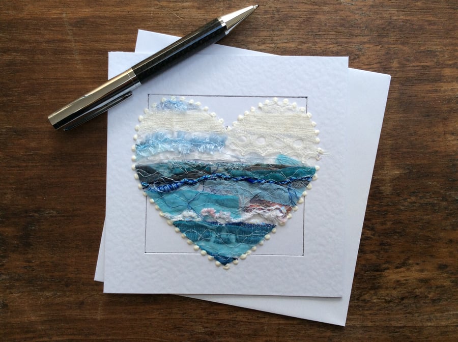 Embroidered up-cycled seascape fabric heart Art Card.