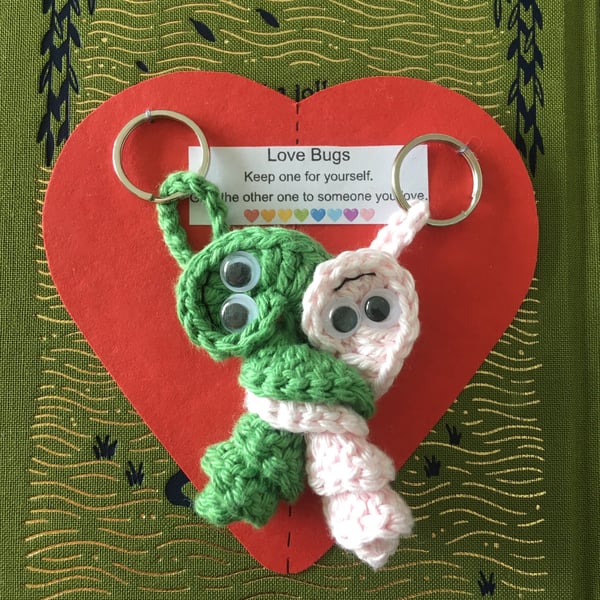 Crochet Love Bug Keyring, Green And Pink