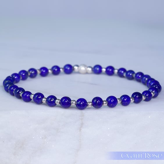 Bracelet Lapis lazuli gemstone and sterling silver stretchy handmade