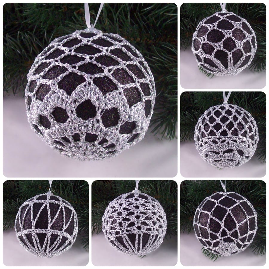 Christmas baubles boxed set of 6 large decorated with crochet lace (A28)