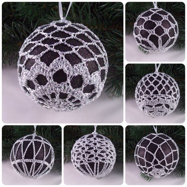 Christmas baubles boxed set of 6 large decorated with crochet lace (A28)