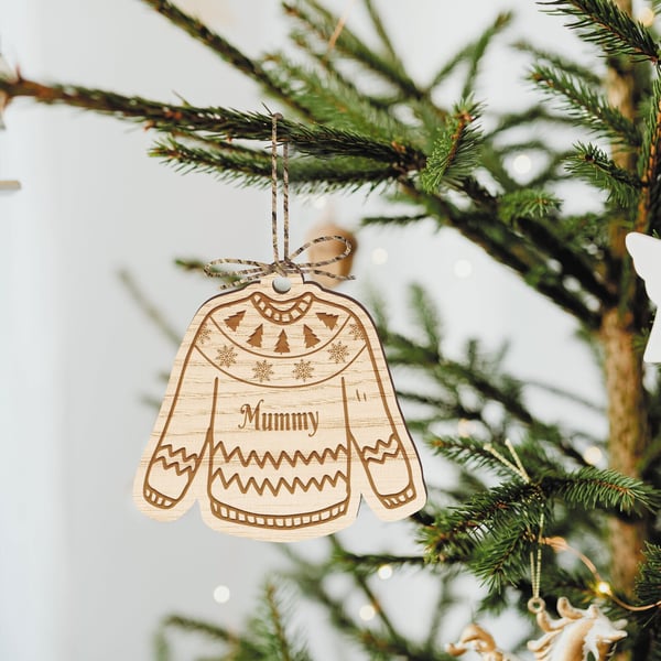 Personalised Christmas Jumper Ornament - Custom Name, Rustic Engraved Wooden