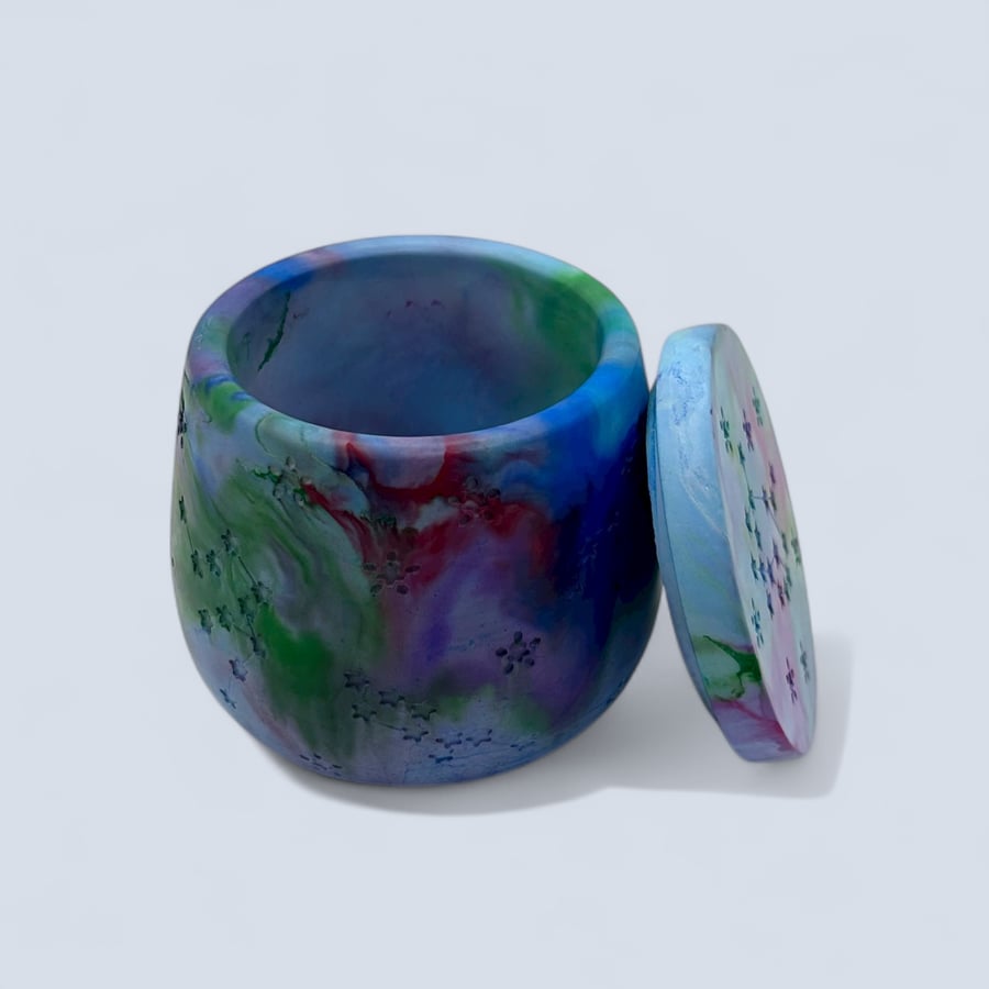 Purple, Green and Blue Marbled Jewellery Box – Handmade Trinket Pot with Lid