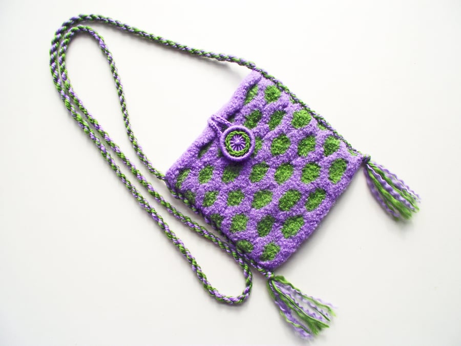 Crossbody Boho Hobo 6" x 6" Purse or Bag, Felted Knitted Lilac & Green 