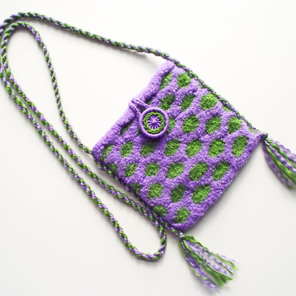 Crossbody Boho Hobo 6" x 6" Purse or Bag, Felted Knitted Lilac & Green 