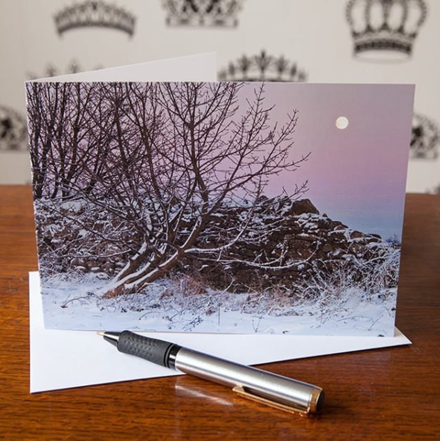 South Shields, Cleadon Hills, Winter in the Moonlight Greetings Card - Blank Ins