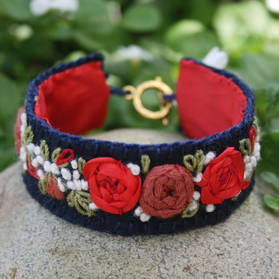 Embroidered Bracelet - Red Rose Garland on Felt - Folksy