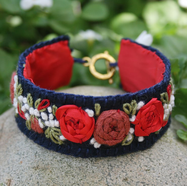 Embroidered Bracelet - Red Rose Garland on Felt - Folksy