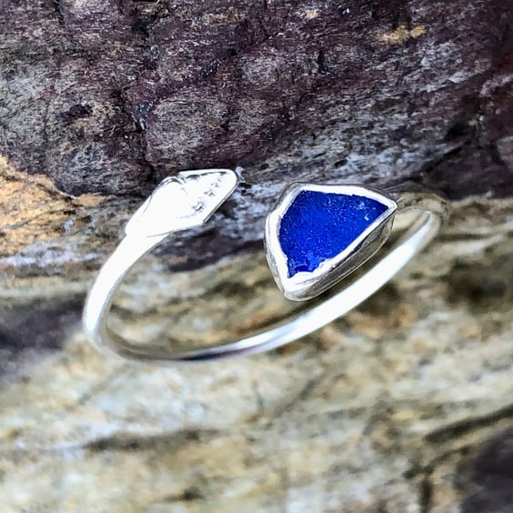 Cobalt Blue Sea Glass and Sterling Silver Spiral Adjustable Ring - 1196