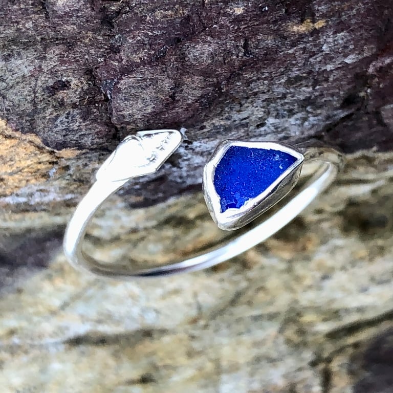 Cobalt Blue Sea Glass and Sterling Silver Spiral Adjustable Ring - 1196