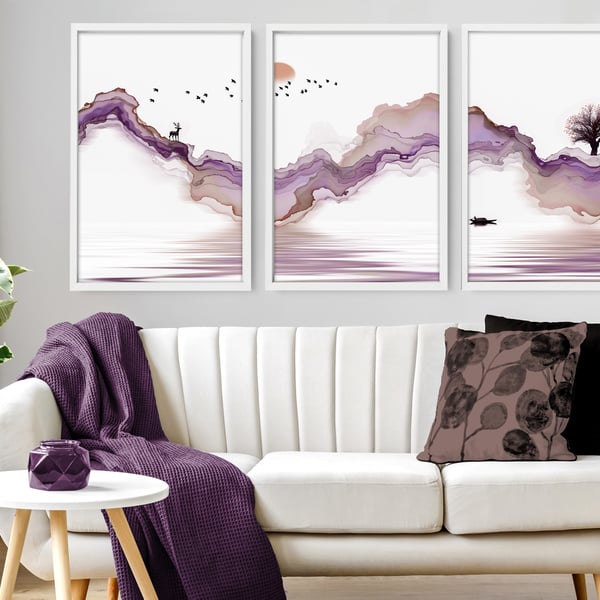 Calming Watercolor Painting Print , Set of 3 Minimalist Wall Prints , Zen Wall 